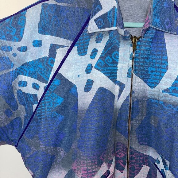 Vintage Womens Denim Bomber Jacket Size Medium Blue Purple Pink Abstract Print - Picture 3 of 14